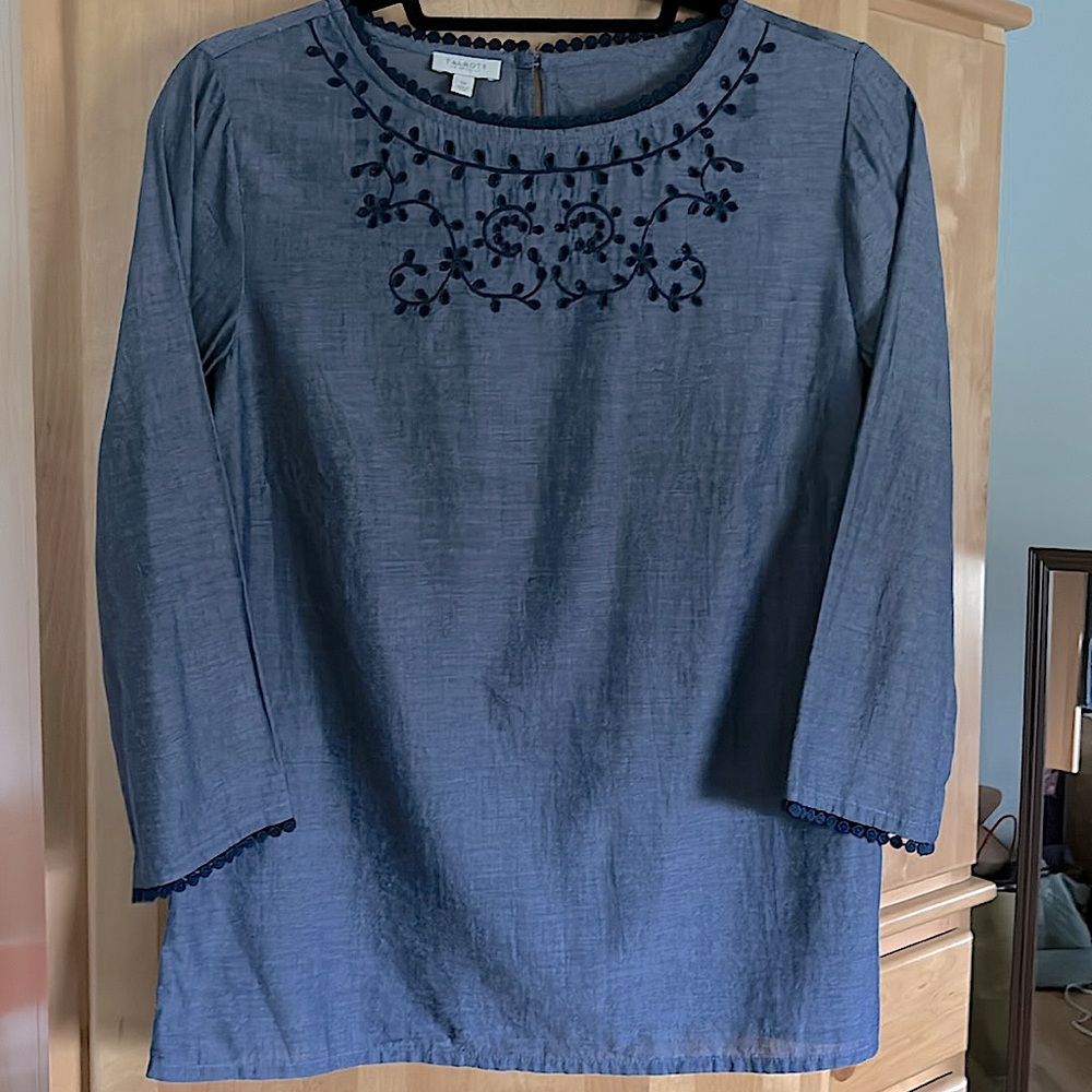 Talbots Petite Embroidered Cotton Chambray Top